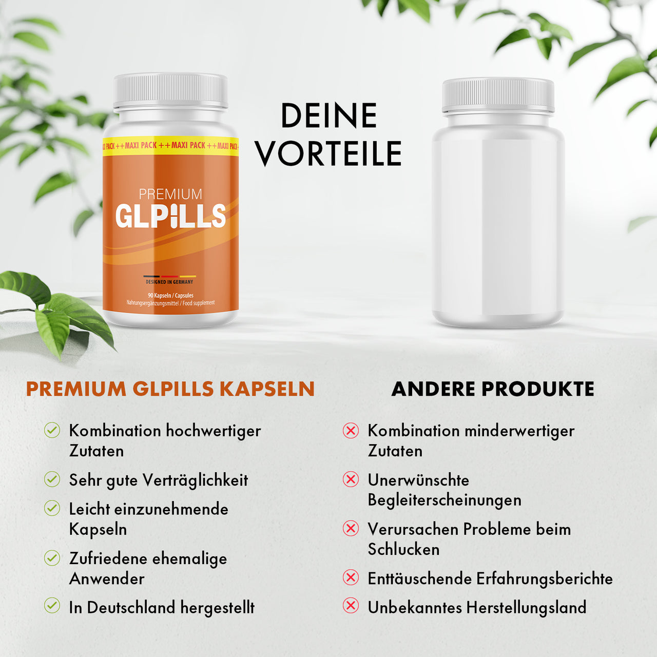 Vergleichsgrafik mit Premium GLPills Dose und weißer Dose ohne Etikett