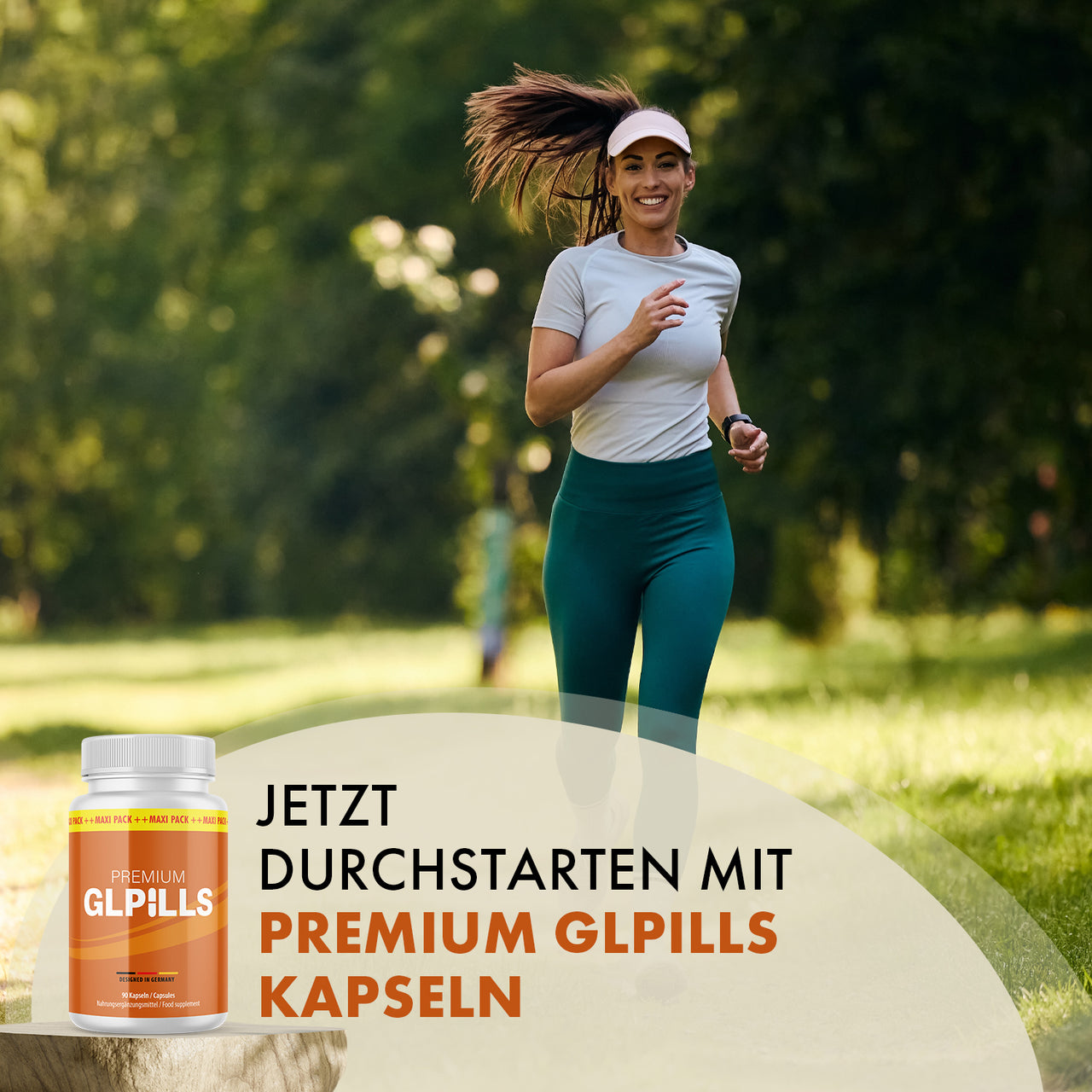 Premium GLPills Kapseln neben joggender Frau im Grünen mit Schrift Jetzt durchstarten