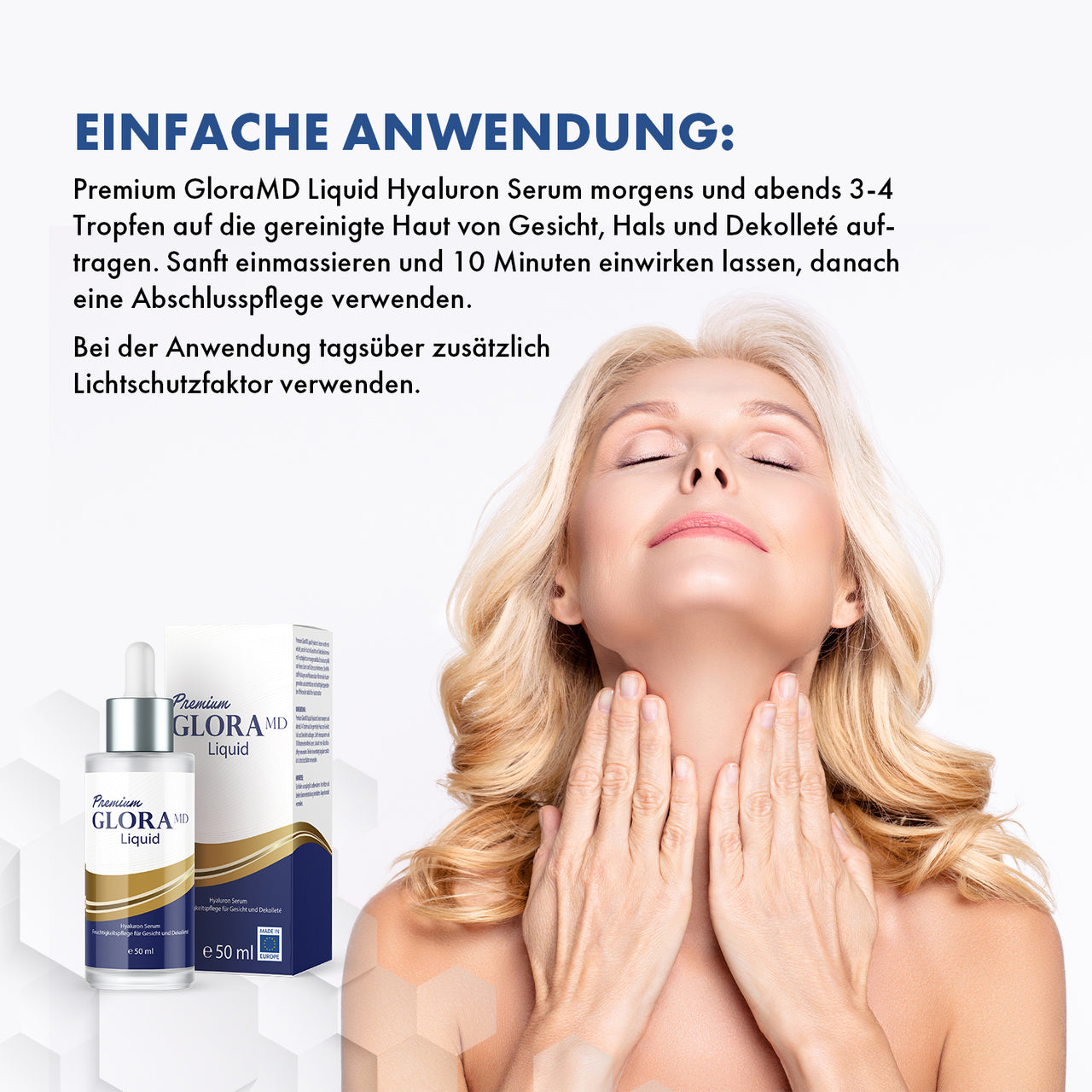 Frau berührt Hals neben Premium Glora MD Liquid Flasche mit Pipette und Anwendungstext