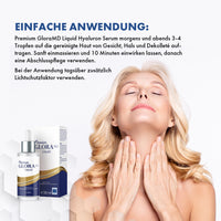 Thumbnail for Frau berührt Hals neben Premium Glora MD Liquid Flasche mit Pipette und Anwendungstext