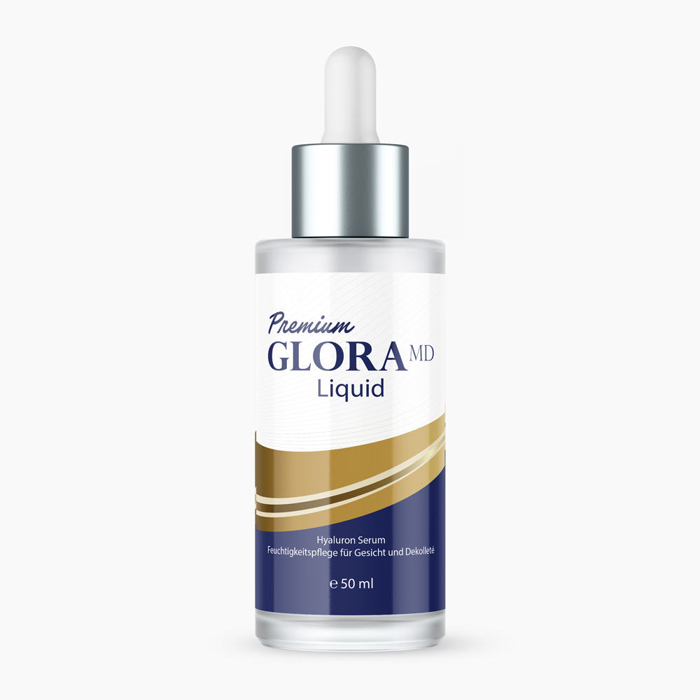 Flasche mit Pipette und Schrift Premium Glora MD Liquid Hyaluron Serum 50 ml