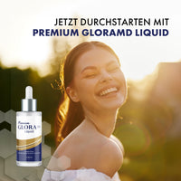 Thumbnail for Frau im Sonnenlicht neben Premium Glora MD Liquid Flasche mit Pipette und 50 ml