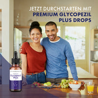 Thumbnail for Premium Glycopezil Plus Drops mit lächelndem Paar, Obst auf Tisch und Produktdose unten links