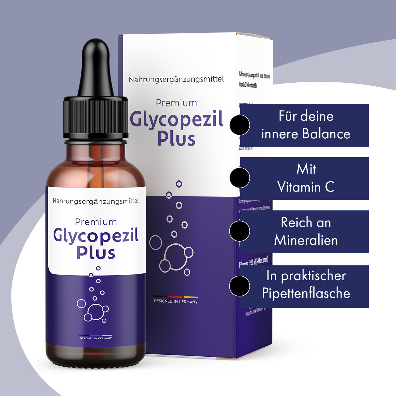 Glycopezil Plus Dose mit Pipette und Umkarton, daneben vier Produktmerkmale auf Violett