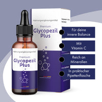 Thumbnail for Glycopezil Plus Dose mit Pipette und Umkarton, daneben vier Produktmerkmale auf Violett