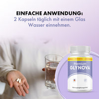 Thumbnail for Premium Glynova Dose mit Einnahmehinweis, zwei Kapseln auf einer Hand und einem Glas Wasser