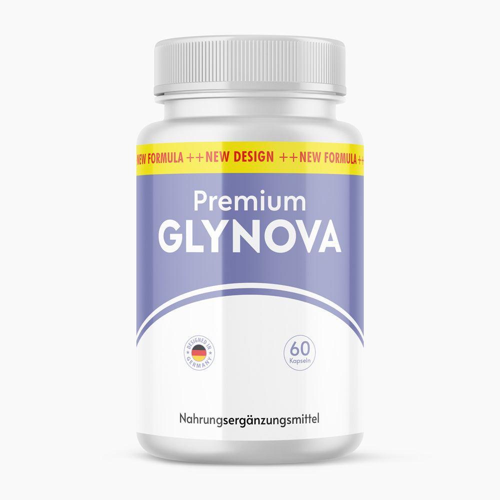 Premium Glynova Dose mit 60 Kapseln und Hinweis Nahrungsergänzungsmittel auf weißem Hintergrund