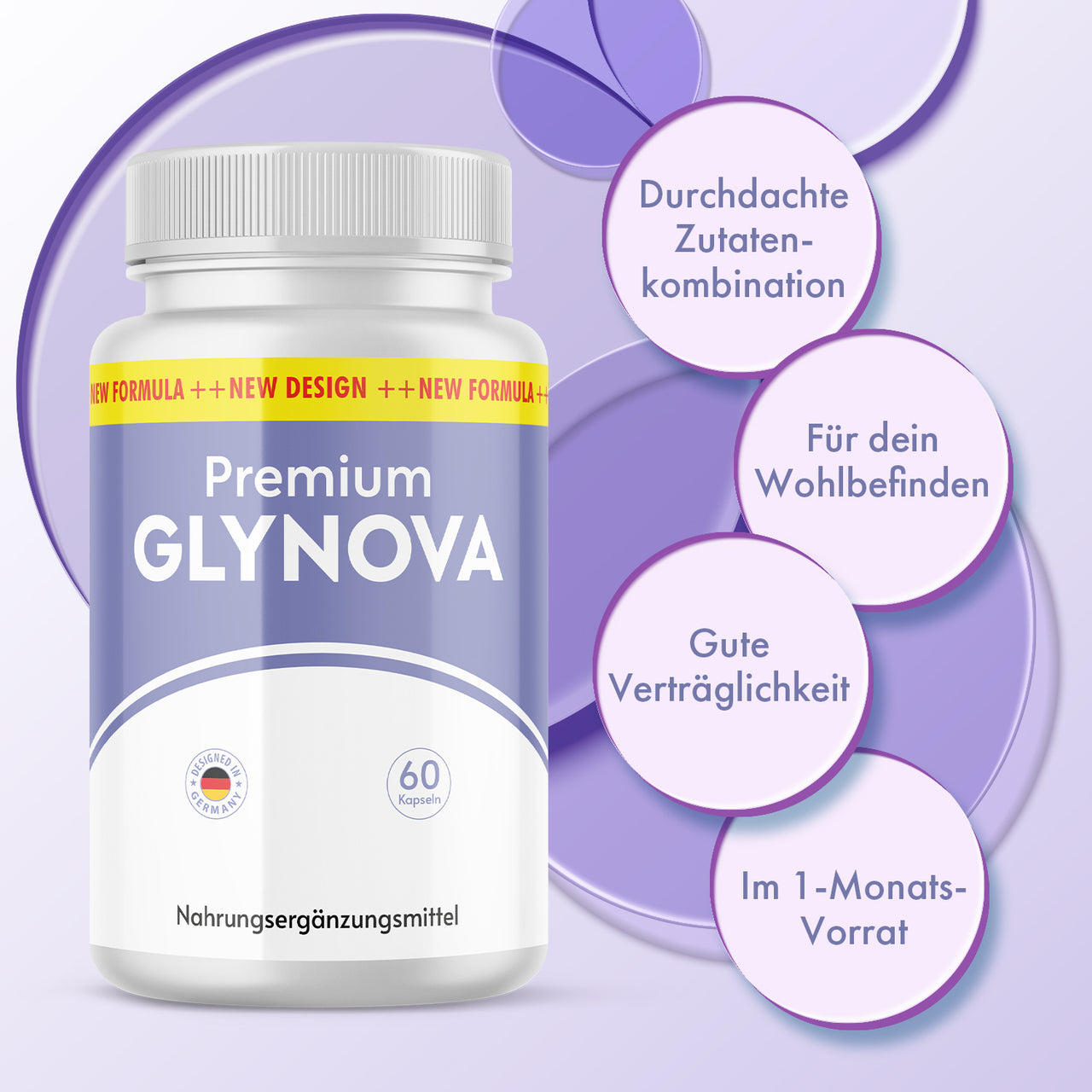 Premium Glynova Dose mit vier Infokreisen zu Zutatenkombination, Verträglichkeit und Monatsvorrat