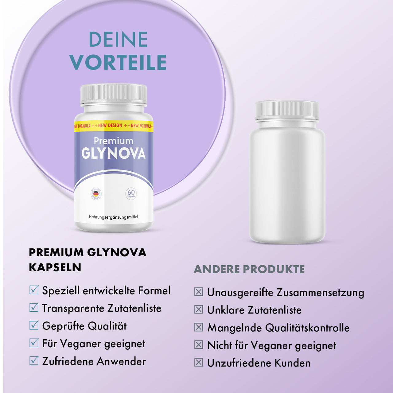 Premium Glynova Dose und anderes Produkt gegenübergestellt mit Listen zu Vorteilen und Nachteilen