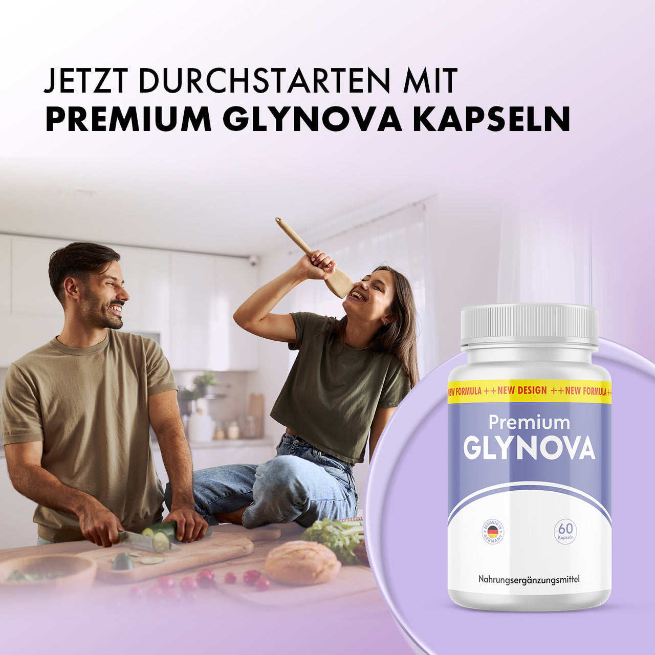 Premium Glynova Dose mit 60 Kapseln, daneben ein Paar in der Küche beim Zubereiten von Speisen