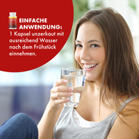 Thumbnail for Frau mit Wasserglas, rotem Infobereich und Hinweis zu 1 Kapsel nach dem Frühstück sichtbar
