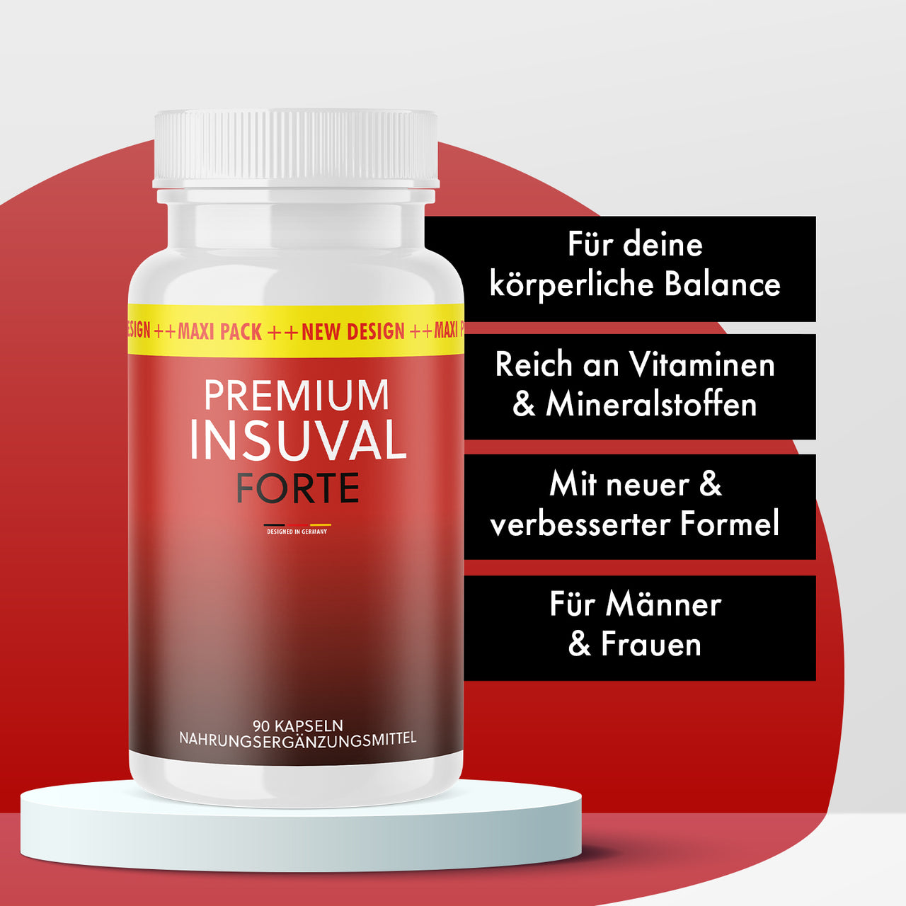 Weiße Dose Premium Insuval Forte mit 90 Kapseln auf Podest und schwarzen Infoboxen rechts daneben