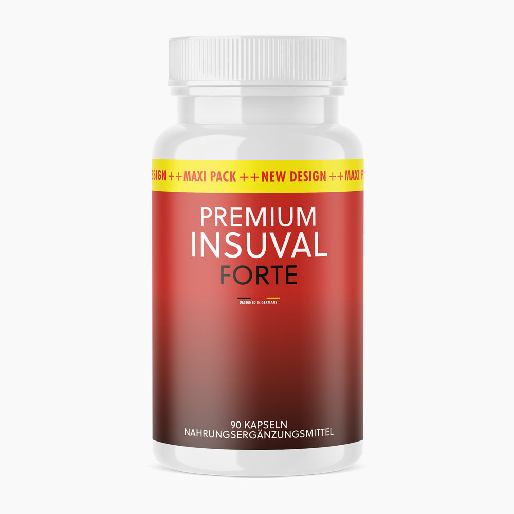Dose Premium Insuval Forte mit 90 Kapseln, rotbraunem Verlaufsetikett und hellem Hintergrund