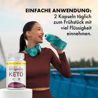 Thumbnail for Sportliche Frau trinkt aus Flasche, daneben Premium Ketogenica Plus Keto mit Anwendungshinweis