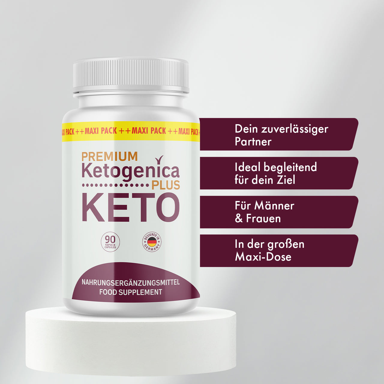 Weiße Dose Premium Ketogenica Plus Keto auf Podest mit vier Produktvorteilen rechts im Bild