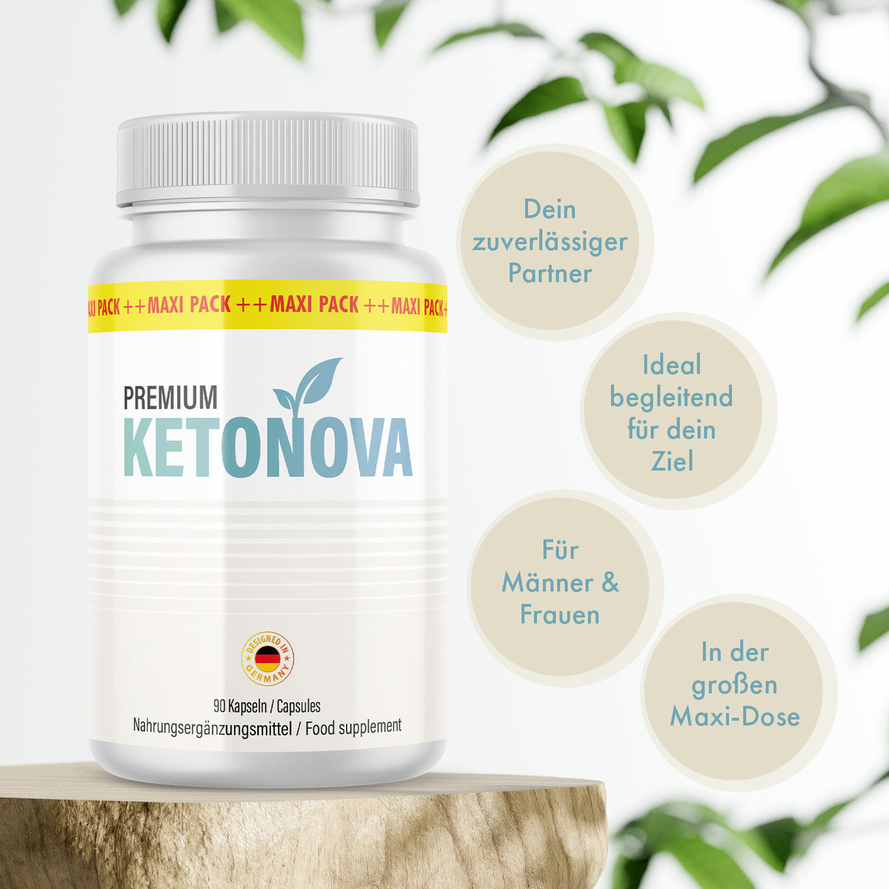 Premium Ketonova Nahrungsergänzungsmittel auf Holzpodest mit vier Infokreisen rechts sichtbar