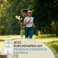 Thumbnail for Joggende Frau im Park, links weiße Premium Ketonova Dose und Text zu Premium Ketonova Kapseln
