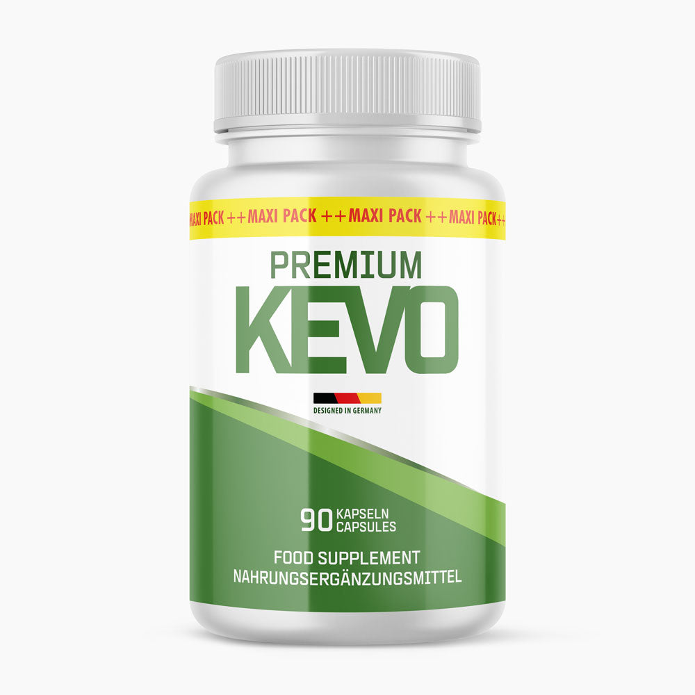 Premium Kevo Nahrungsergänzungsmittel in weißer Dose mit grünem Design und Aufdruck 90 Kapseln