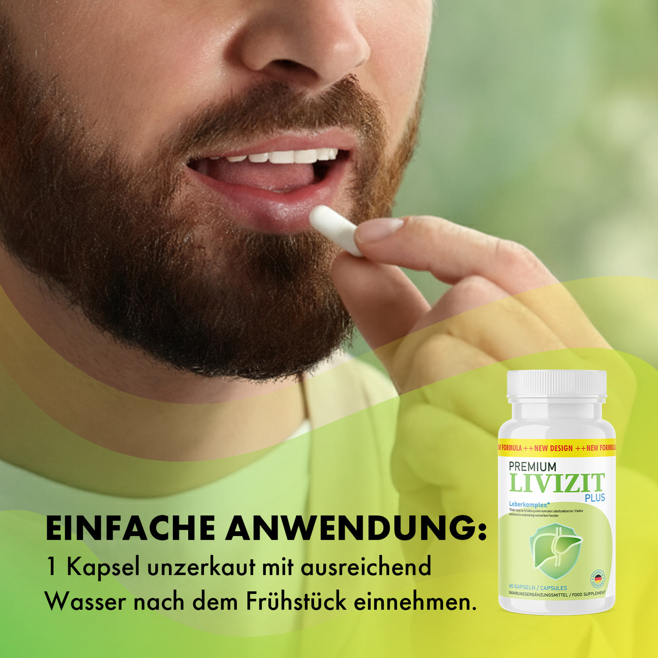 Grafik mit Mann, Kapsel an den Lippen, Livizit Plus Dose und Text Einfache Anwendung