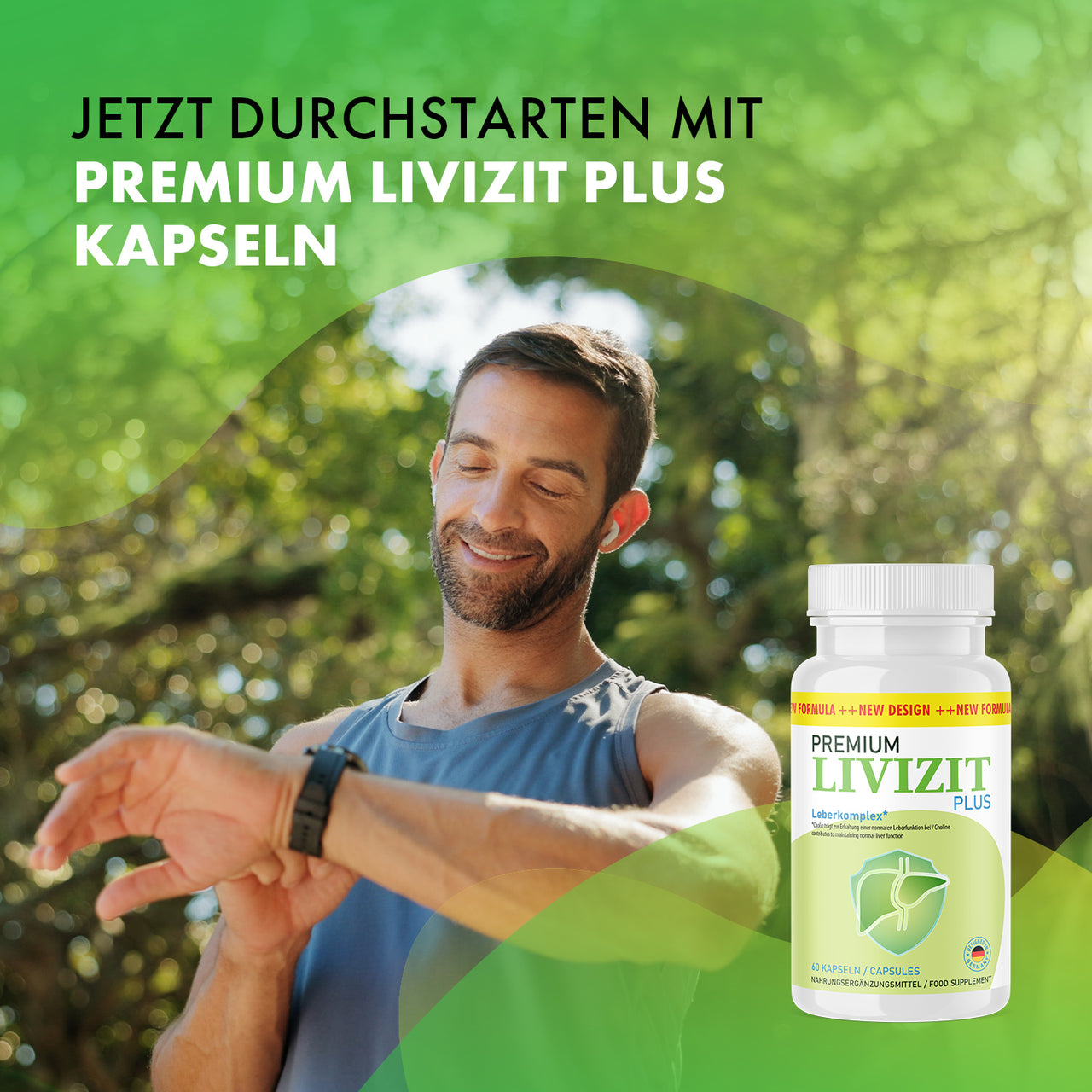 Grafik mit Mann im Freien, Livizit Plus Dose und Text Jetzt durchstarten mit Premium Livizit Plus