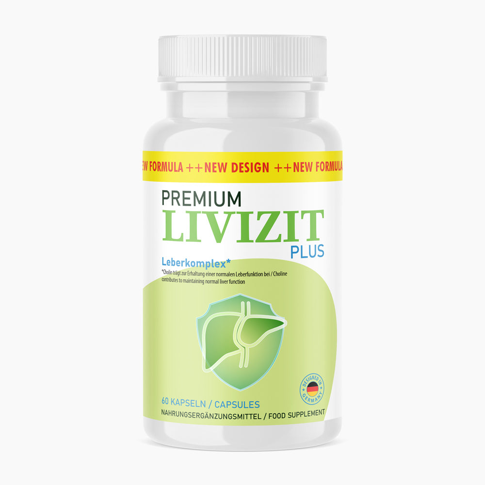 Weiße Kunststoffdose Premium Livizit Plus mit grünem Etikett, 60 Kapseln und Lebergrafik