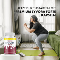 Thumbnail for Frau auf Matte in Kniebeuge, Premium Lyvora Forte und Text im Bild