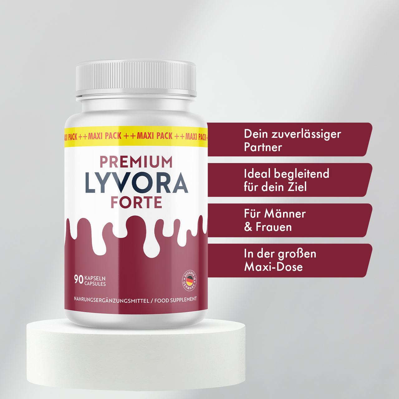 Premium Lyvora Forte auf Podest mit vier Textfeldern rechts im Bild