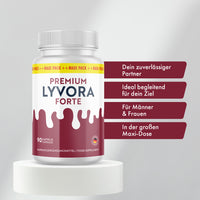 Thumbnail for Premium Lyvora Forte auf Podest mit vier Textfeldern rechts im Bild