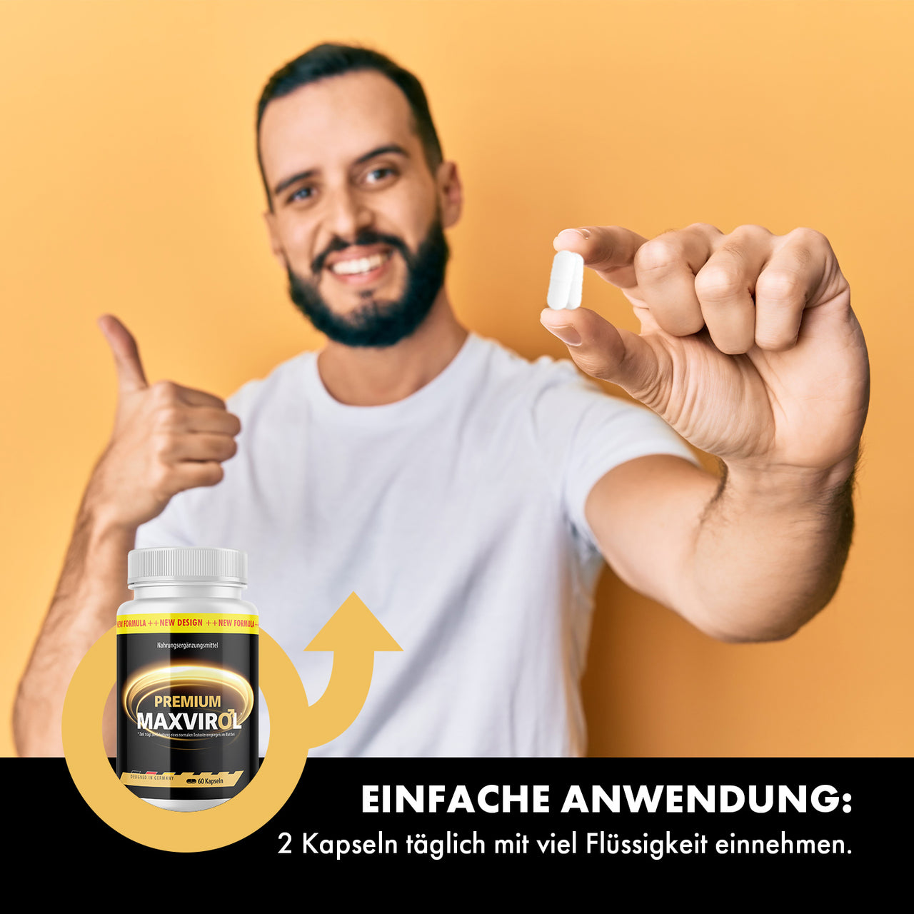 Premium Maxvirol Kapseln mit Anwendungshinweis: täglich 2 Kapseln mit viel Flüssigkeit einnehmen