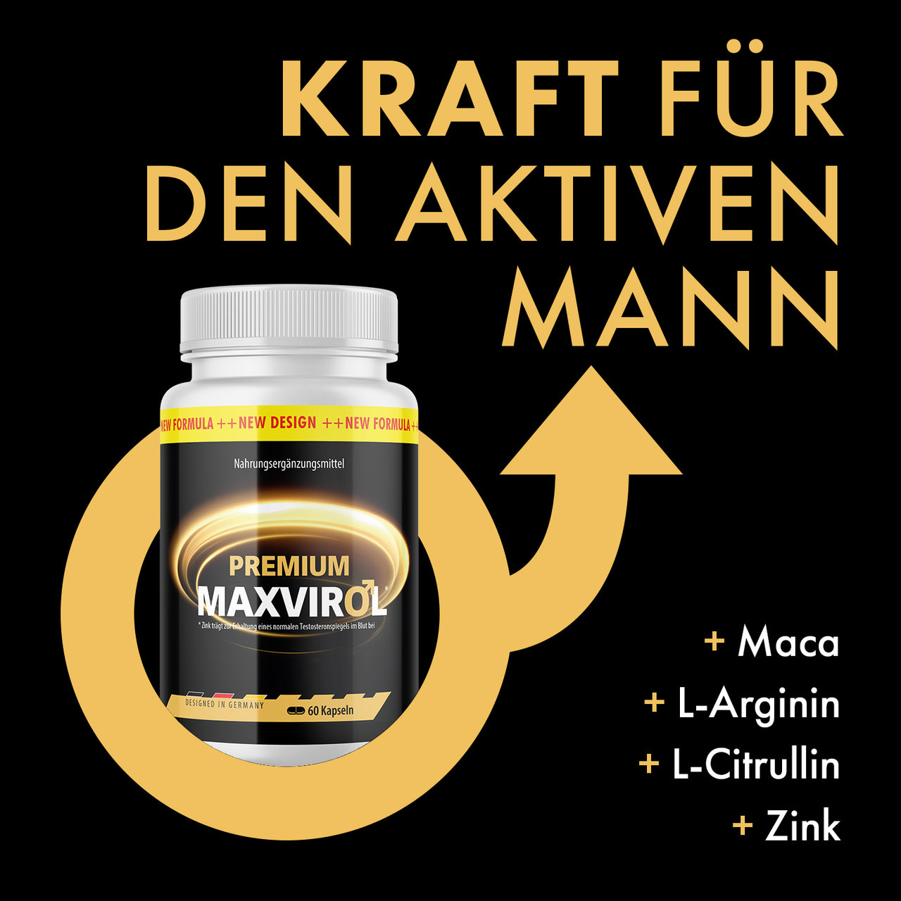 Premium Maxvirol mit 60 Kapseln; Werbegrafik nennt Maca, L-Arginin, L-Citrullin und Zink