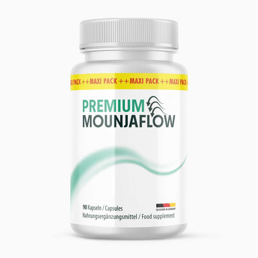 Dose Premium Mounjaflow Nahrungsergänzungsmittel mit 90 Kapseln und grüner Welle auf Etikett