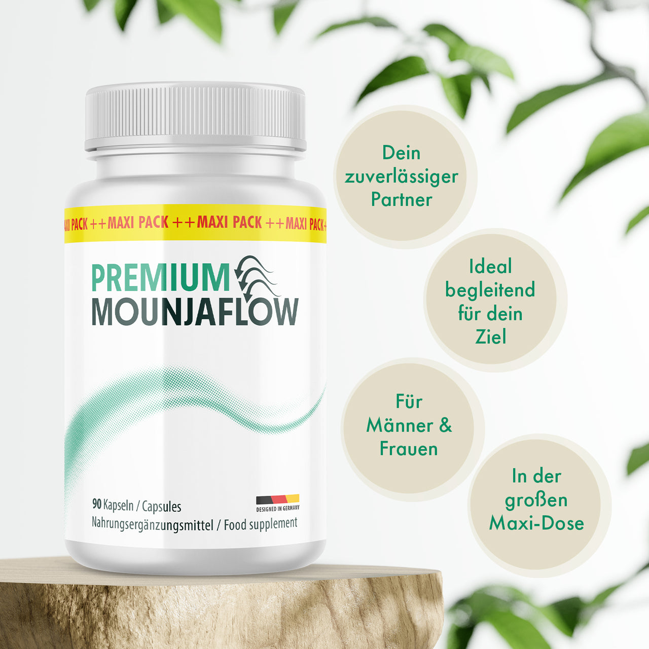 Dose Premium Mounjaflow Kapseln mit 90 Kapseln, daneben vier Infokreise mit Produktmerkmalen