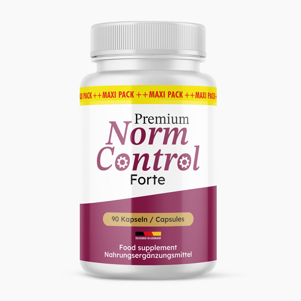 Weiße Dose Norm Control Forte mit 90 Kapseln, violettem Etikett und weißem Schraubdeckel oben
