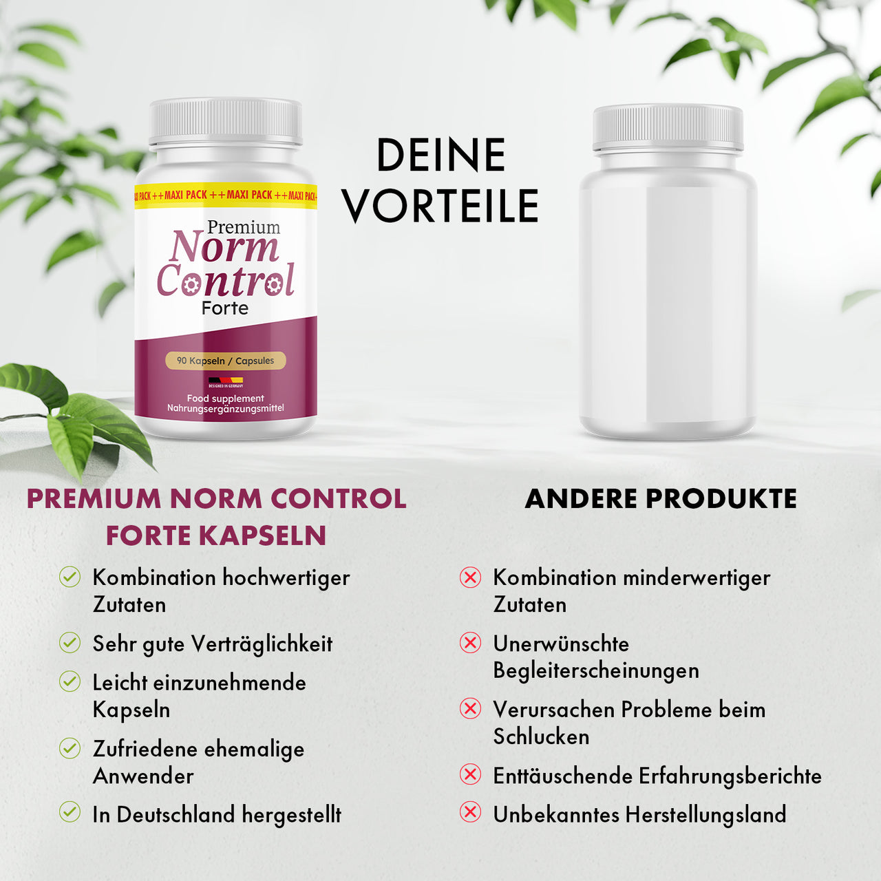 Vergleichsgrafik mit Norm Control Forte Dose, anderer Dose, Vorteilslisten und Bewertungssymbolen
