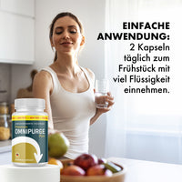 Thumbnail for Premium Omnipurge Plus mit Frau, Wasserglas und Einnahmehinweis zu 2 Kapseln täglich