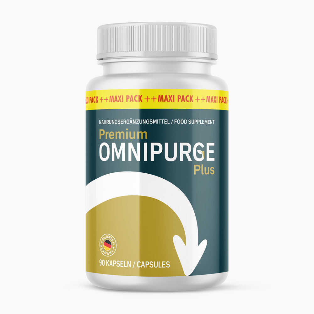Premium Omnipurge Plus Nahrungsergänzung mit 90 Kapseln in weißer Dose und grün-goldenem Etikett