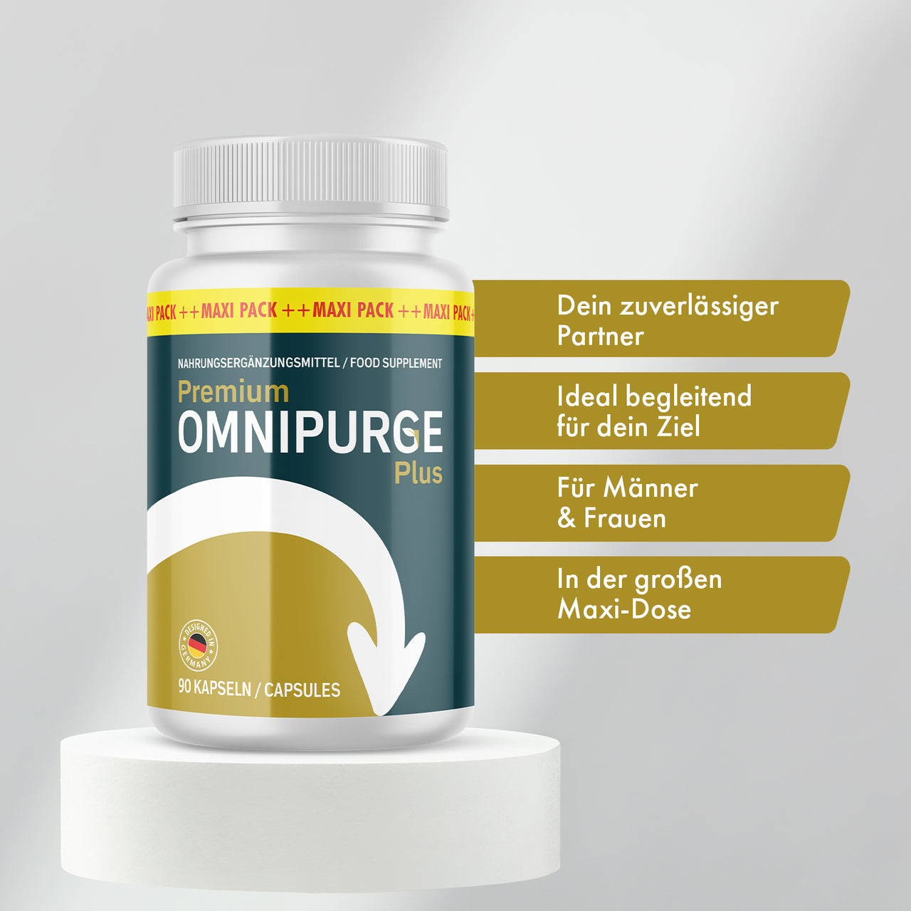 Premium Omnipurge Plus Maxi-Dose mit 90 Kapseln auf Podest und Hinweisen für Männer und Frauen