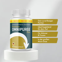 Thumbnail for Premium Omnipurge Plus Maxi-Dose mit 90 Kapseln auf Podest und Hinweisen für Männer und Frauen