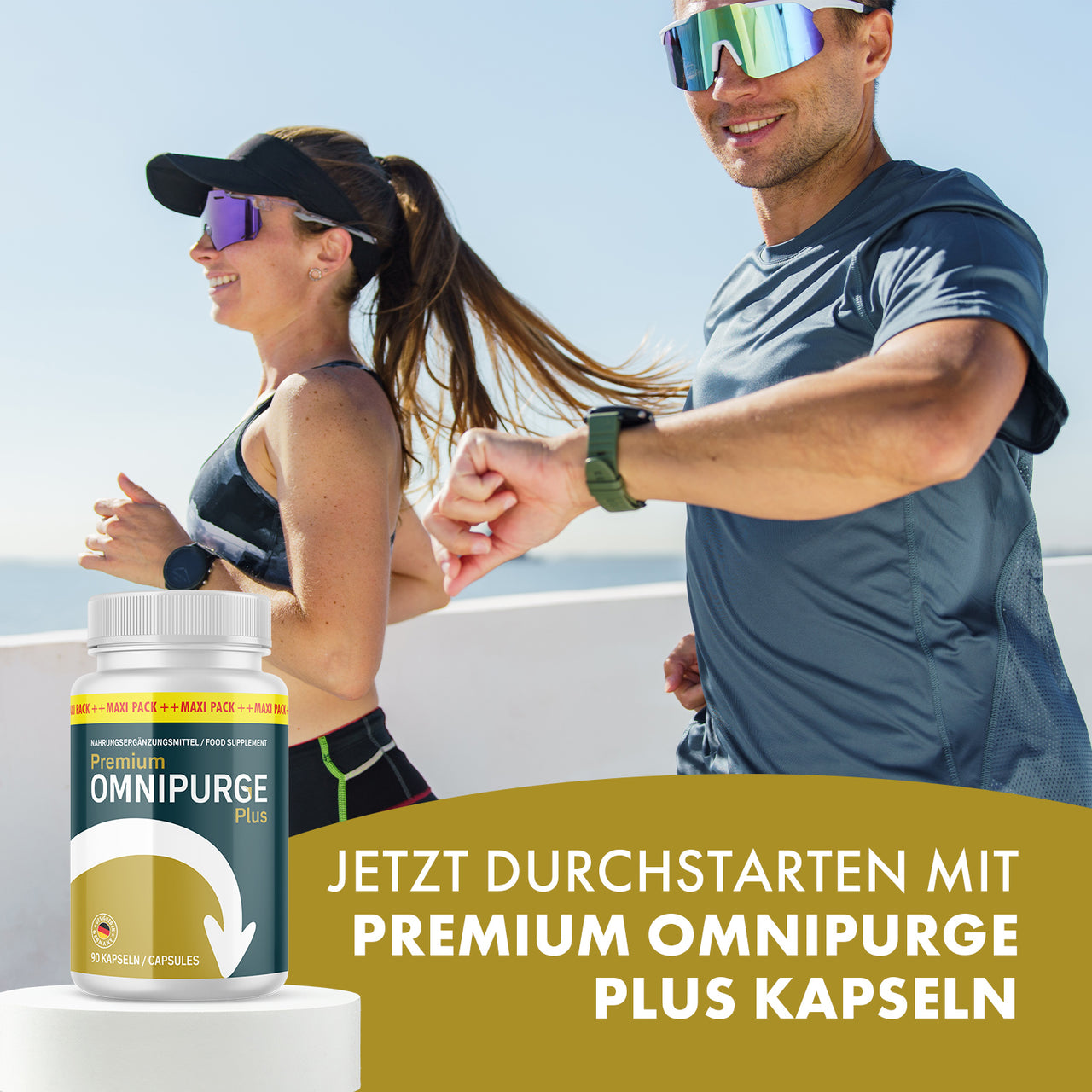 Premium Omnipurge Plus Kapseln mit sportlichem Paar beim Laufen und Produktdose im Vordergrund