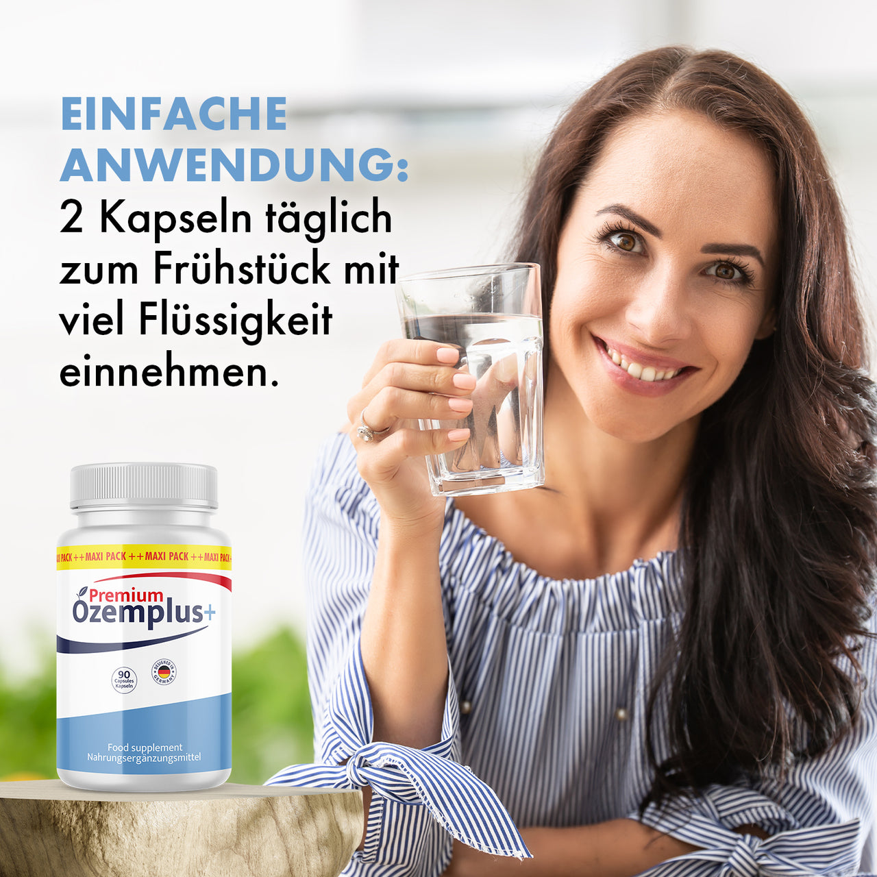 Frau hält Wasserglas neben Ozemplus+ Premium Dose mit 90 Kapseln und sichtbarem Einnahmehinweis