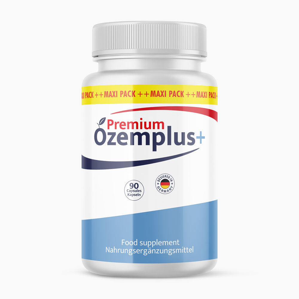 Weiße Dose Ozemplus+ Premium mit 90 Kapseln, blauem Etikett und rundem Siegel vorne sichtbar