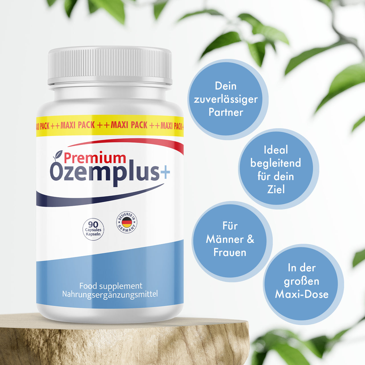 Weiße Dose Ozemplus+ Premium mit 90 Kapseln auf Holzpodest und vier blauen Infokreisen rechts