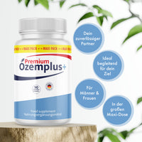 Thumbnail for Weiße Dose Ozemplus+ Premium mit 90 Kapseln auf Holzpodest und vier blauen Infokreisen rechts