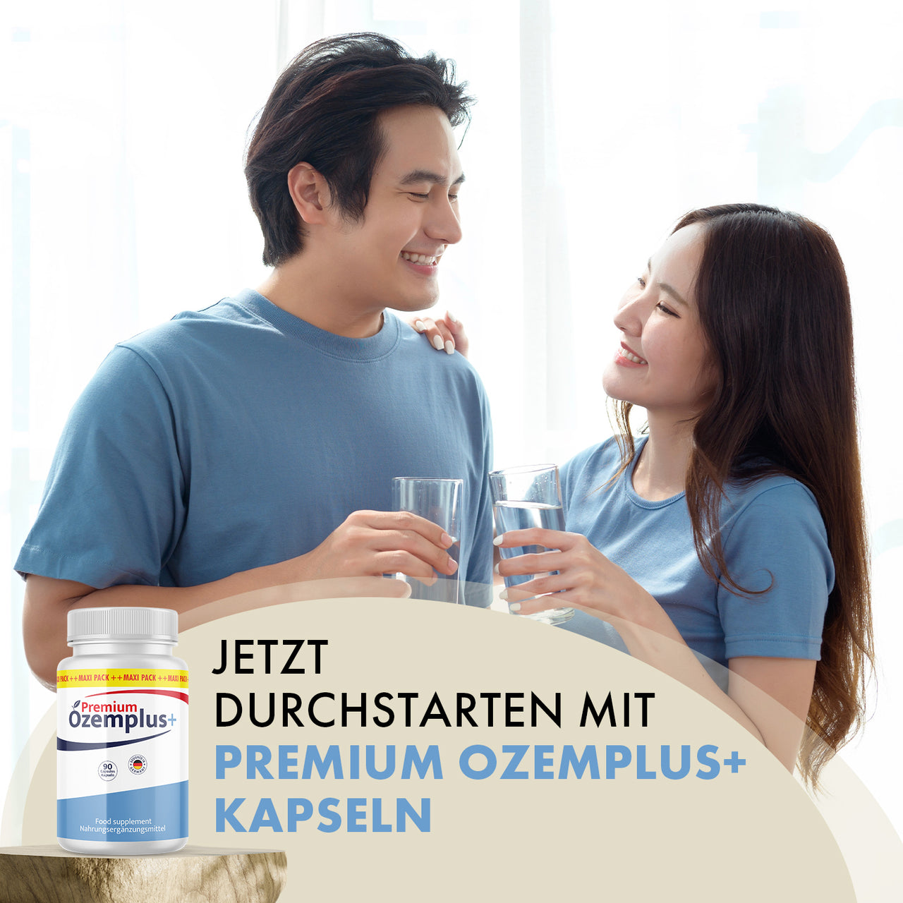 Zwei Personen halten Gläser neben Ozemplus+ Premium Dose mit 90 Kapseln und großem Textfeld