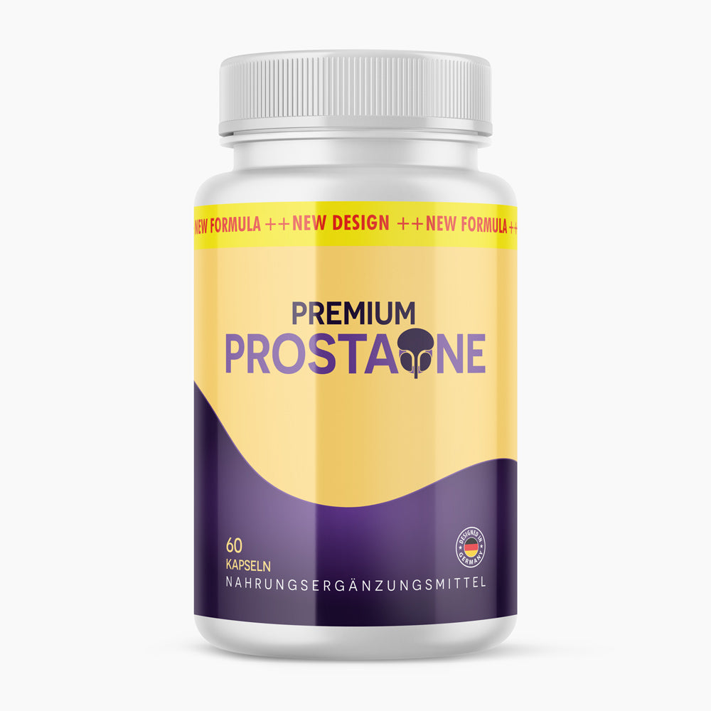 Produktbild von Premium Prostaone mit New-Formula-Hinweis, 60 Kapseln und Design-in-Germany-Siegel
