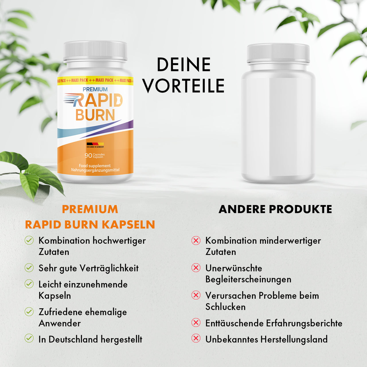 Premium Rapid Burn Dose im Vergleich zu anderer Dose mit Vorteilen, Nachteilen und Bewertungssymbolen
