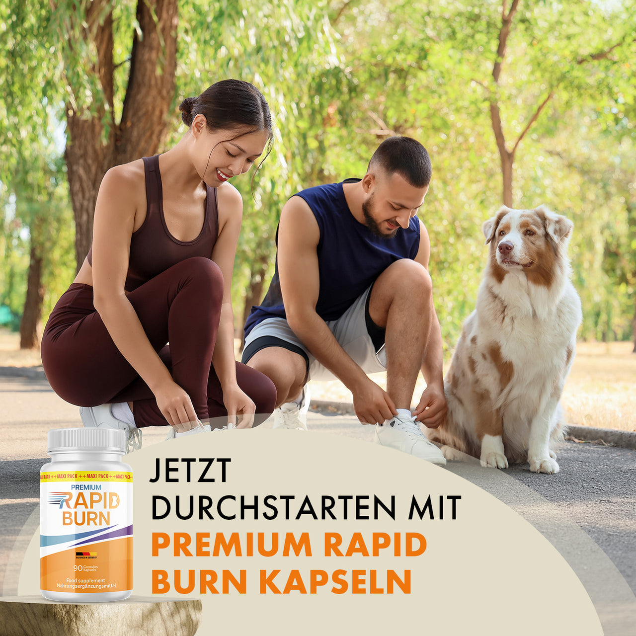 Sportliches Paar mit Hund im Park, unten Dose Premium Rapid Burn und sichtbarer Werbetext im Bild