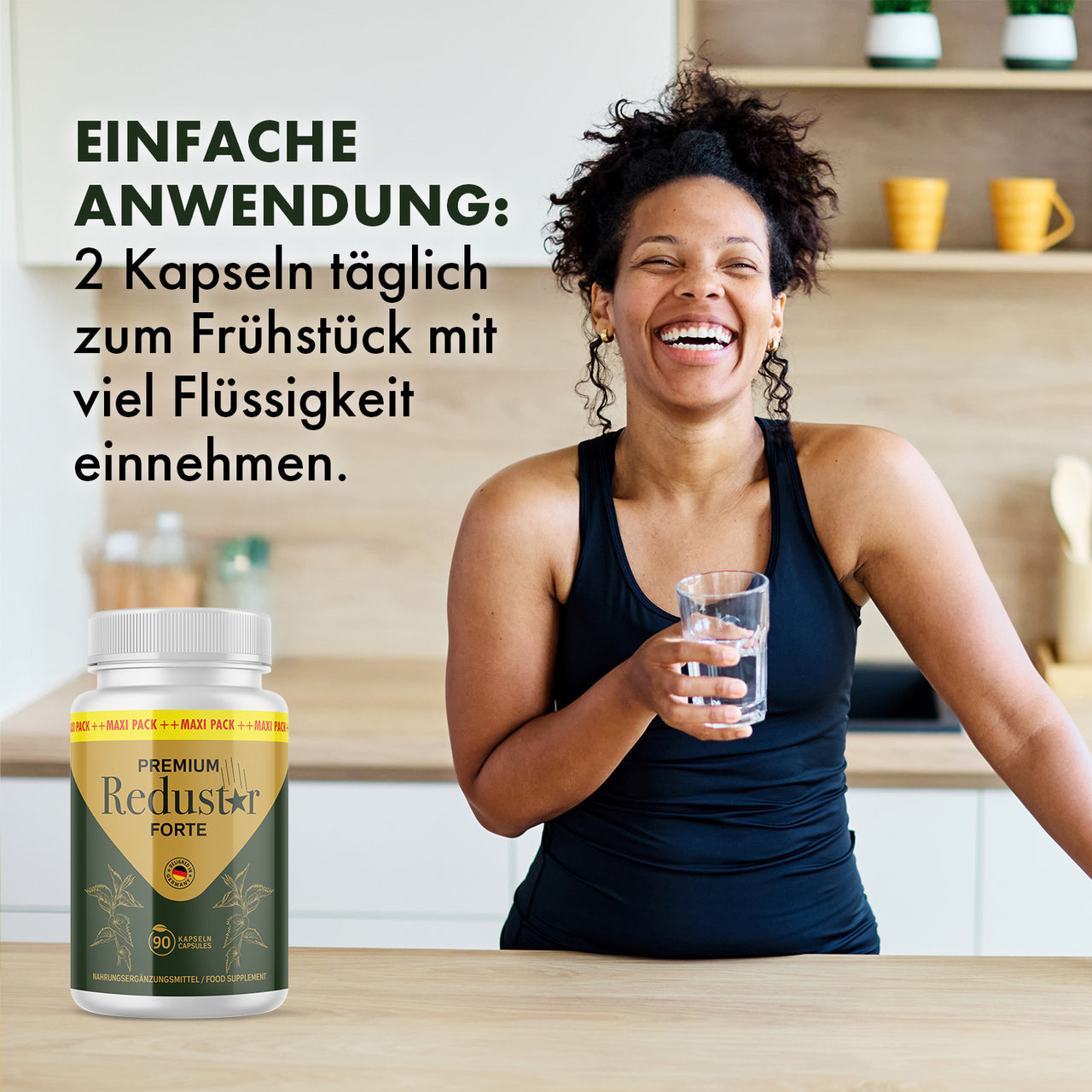 Premium Redustar Forte with a smiling woman, a glass of water, and instructions for taking 2 capsules daily.