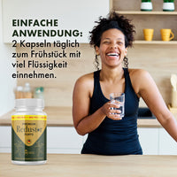 Thumbnail for Premium Redustar Forte featuring a laughing woman, a glass of water, and instructions for taking 2 capsules daily.