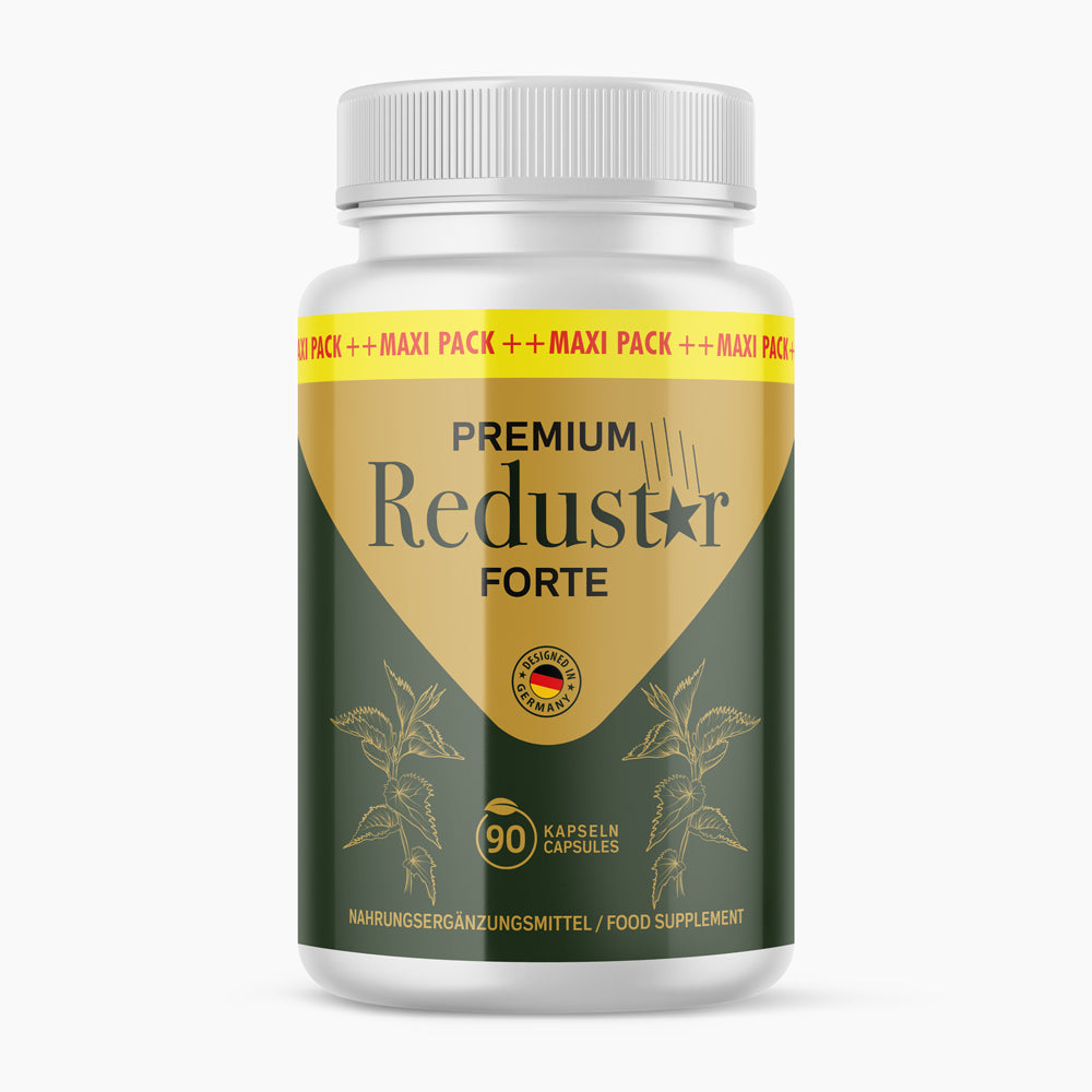Premium Redustar Forte dietary supplement in a white tin containing 90 capsules and a green and gold label.